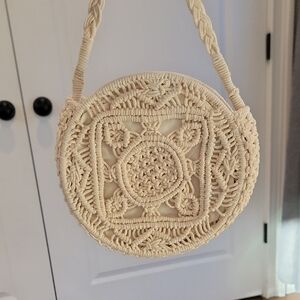 Round Macrame Crossbody Purse, Tan, EUC